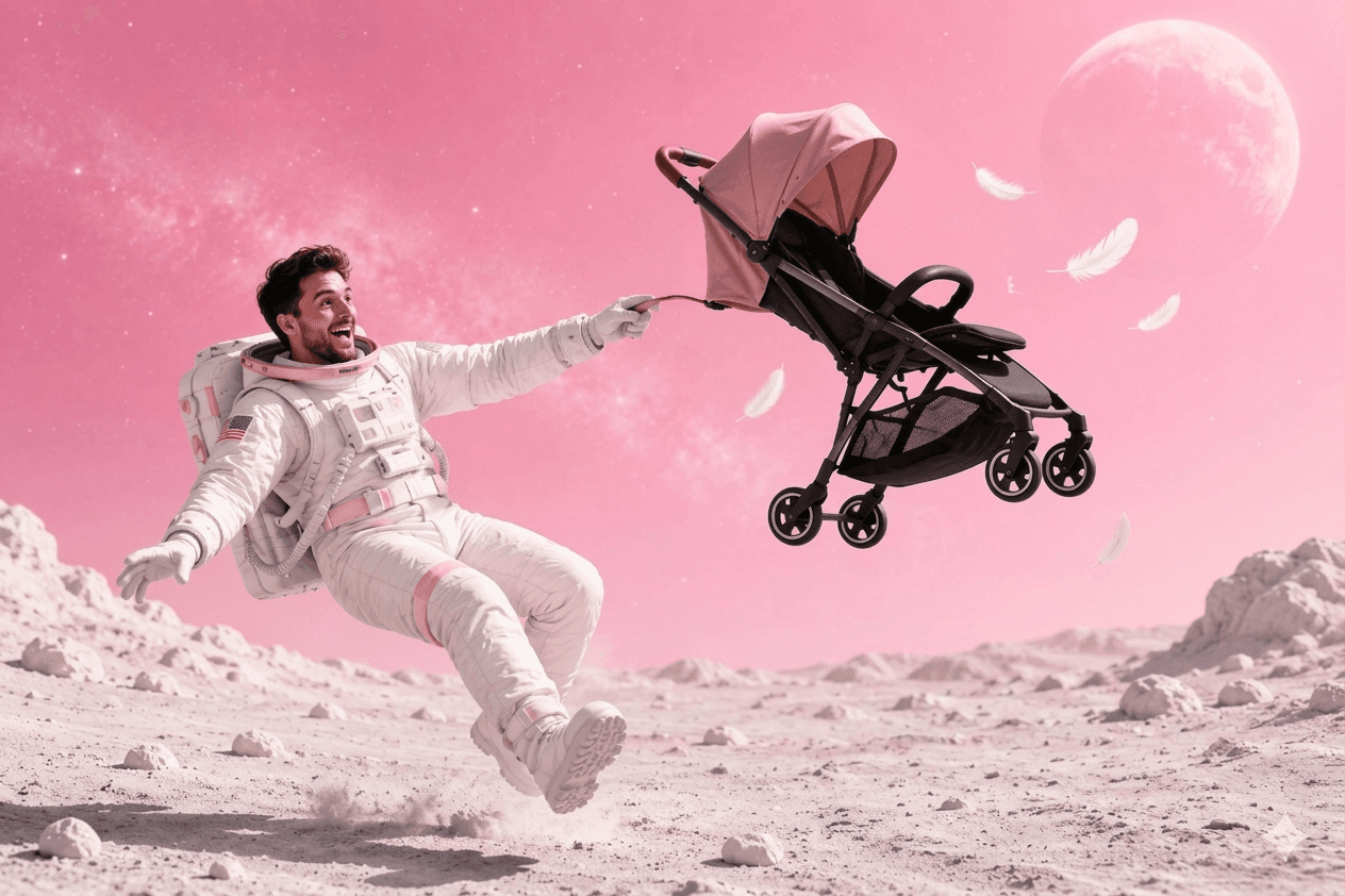 Astronaut floating on a pink moon landscape while pulling a lightweight stroller through low gravity, with feathers drifting around it