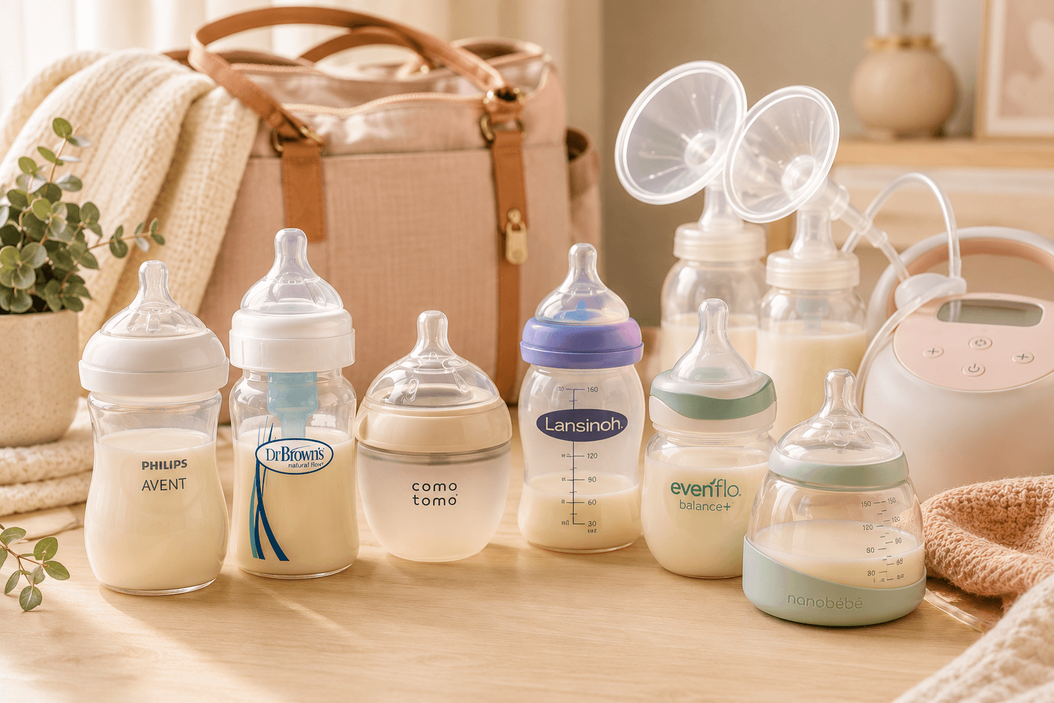 Six pumping-friendly baby bottles lined up on a wooden table beside a breast pump and diaper bag