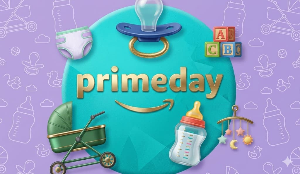 Prime Day baby gear graphic with stroller, bottle, blocks, and pacifier around the Amazon Prime Day logo