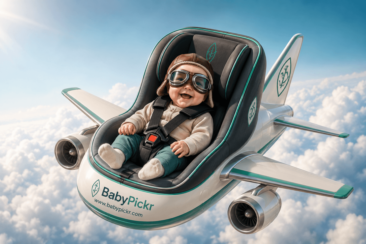 Illustration of a smiling baby in a car seat on a small airplane flying above clouds, with BabyPickr branding