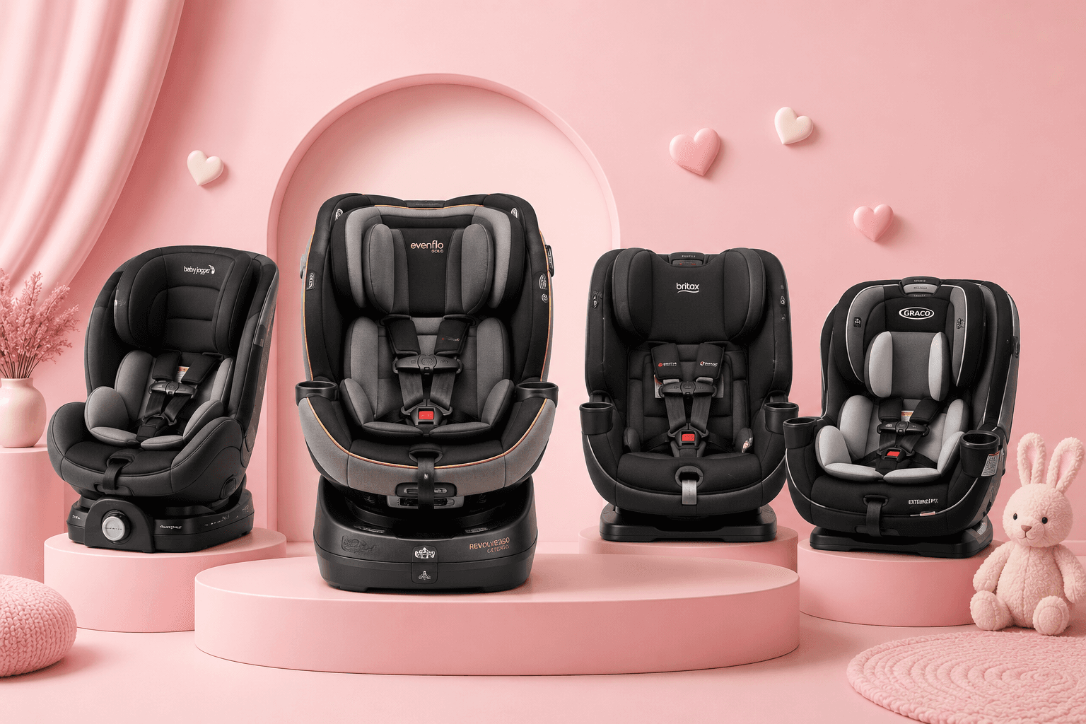 Four convertible and rotating car seats on pink pedestals, including Evenflo Revolve360 Extend, Graco Extend2Fit, Britax, and Baby Jogger models