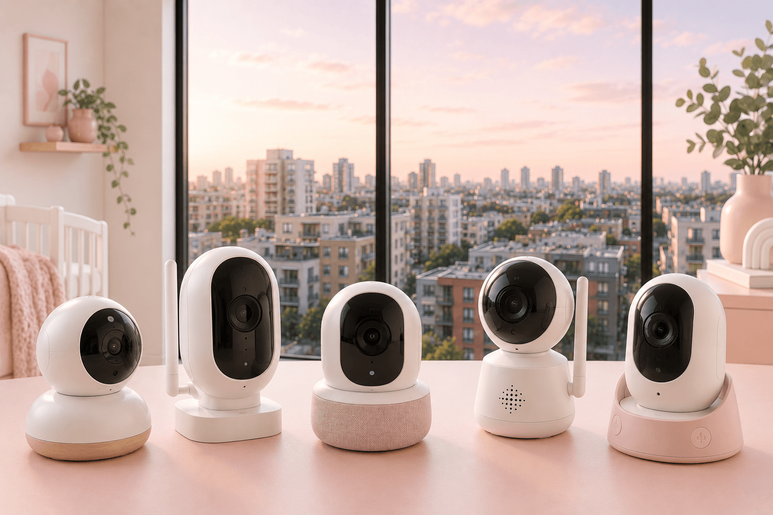 Five baby monitors lined up on a shelf in a compact apartment nursery with a city skyline through the window